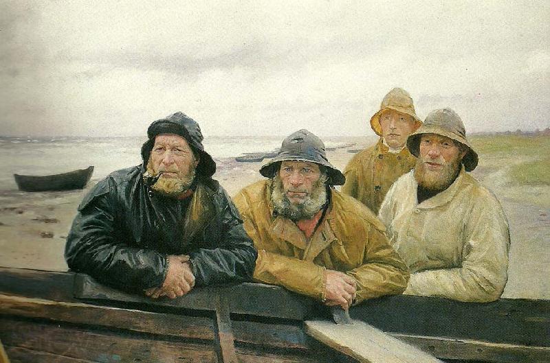 Michael Ancher fire fiskere ved en bad pa skagens strand Spain oil painting art